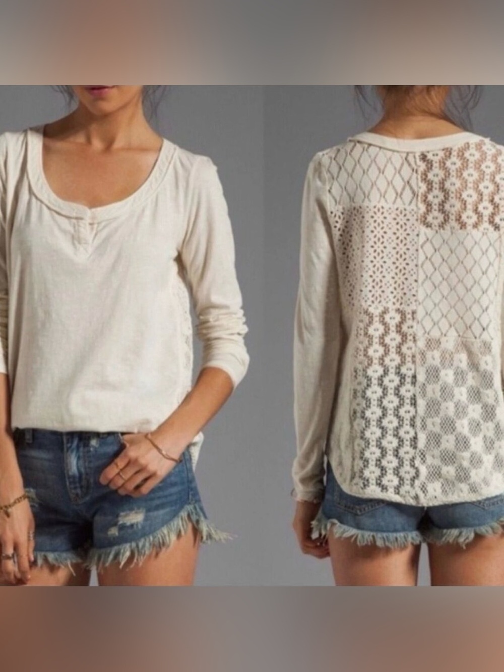 Free People Patchwork Crochet Lace Back Long Sleeve Top Size L Boho Ivory beach